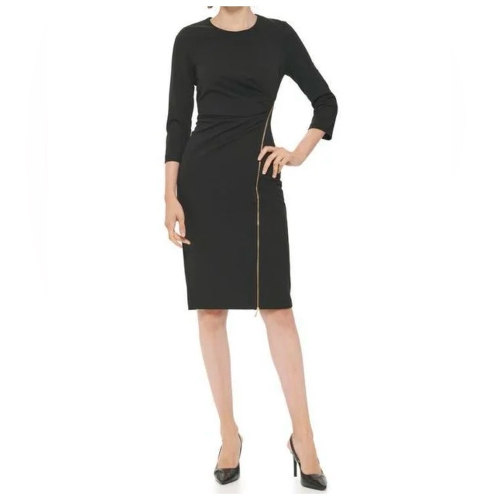 NWT Calvin Klein Black 3/4 Sleeve Dress with Gold Exposed Zipper Accent